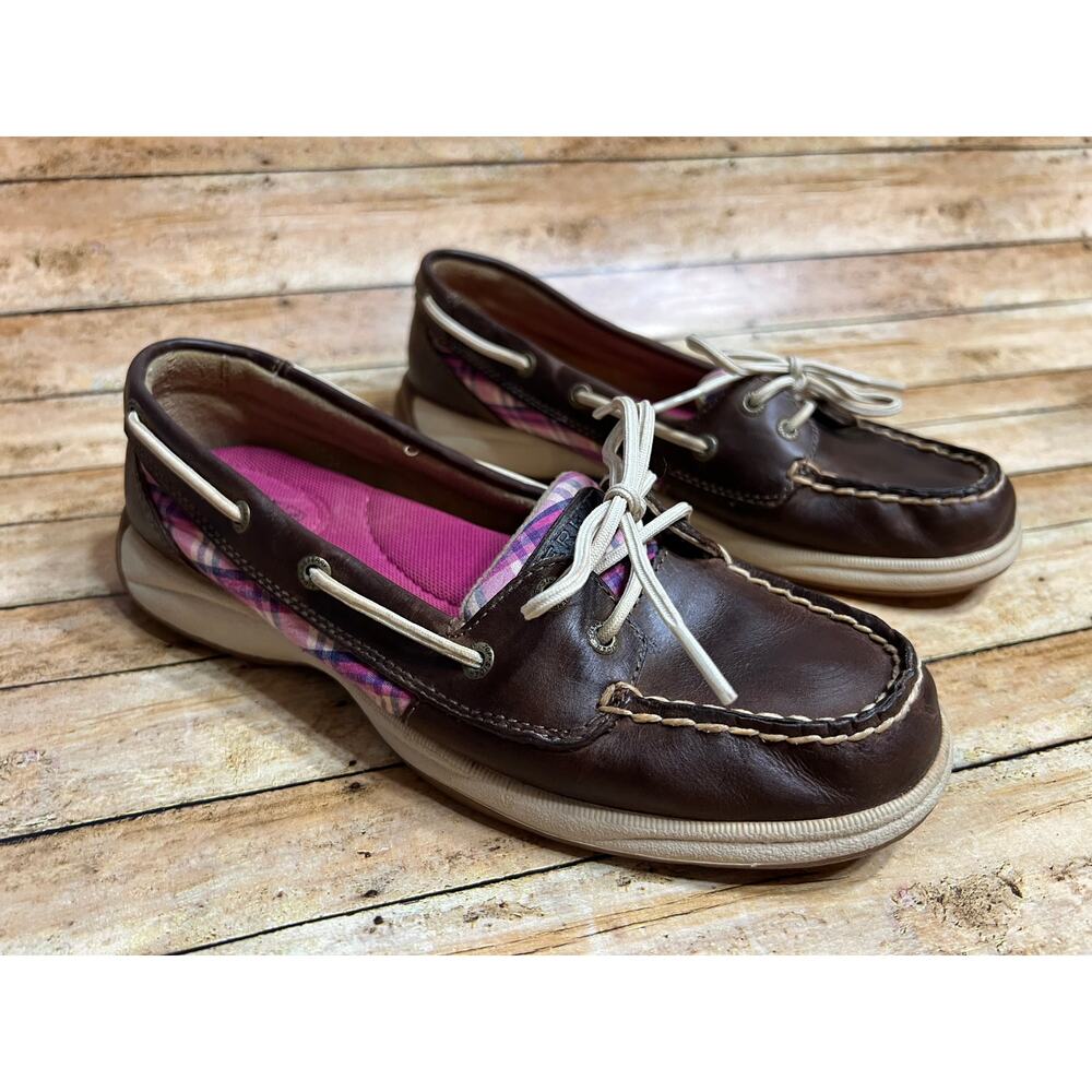Sperry TopSider Angelfish Boat Deck Shoes Women size 8M Leather & Plaid #9778440